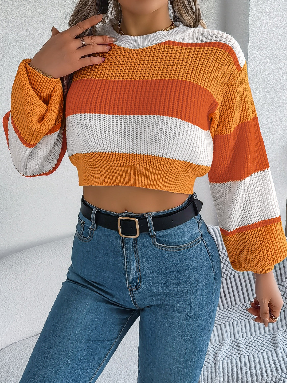 Striped Color Block Round Neck Cropped Sweater