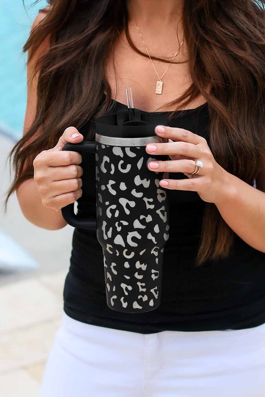 White 40oz Stainless Steel Portable Leopard Tumbler Mug With Handle