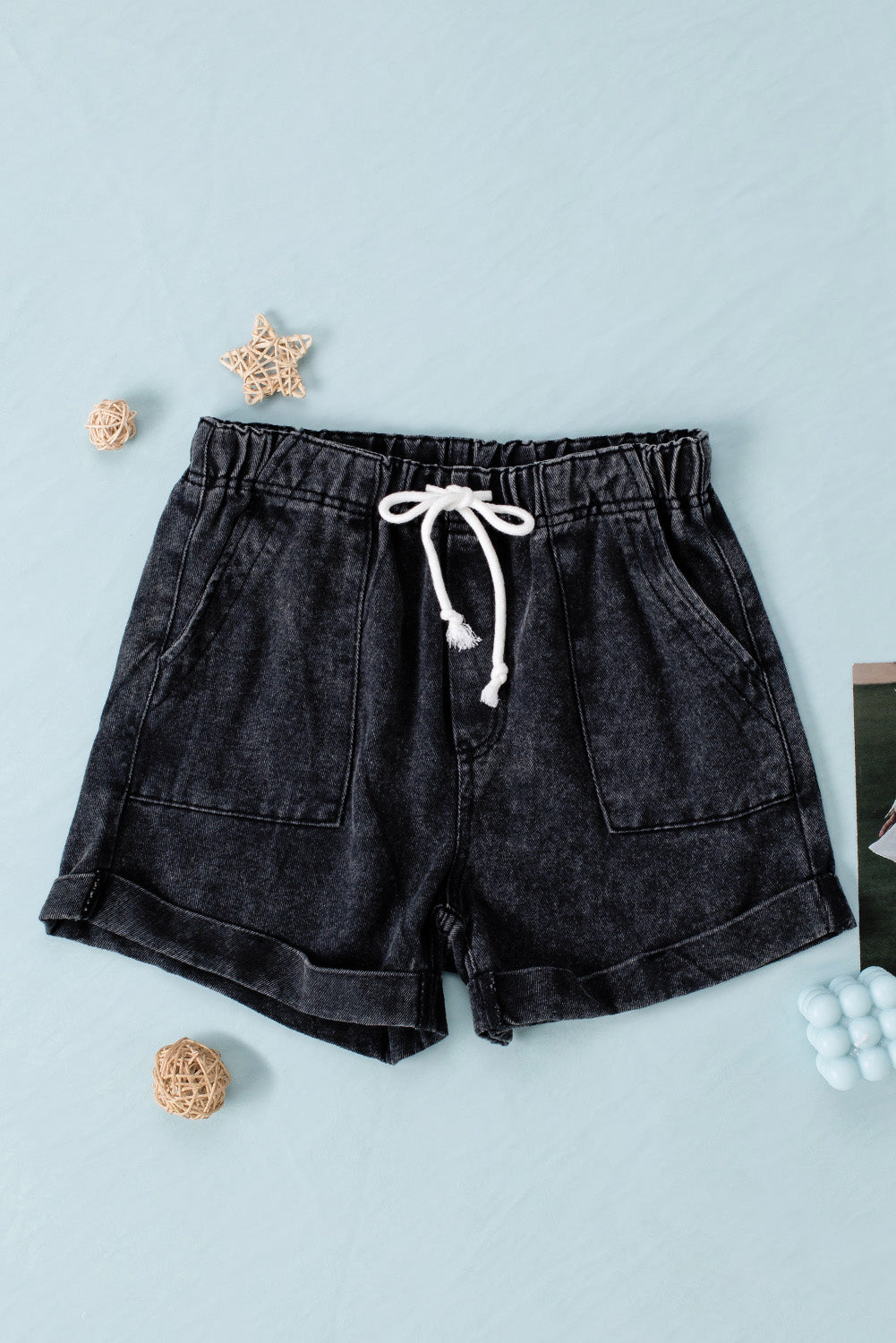 Black Pocketed Drawstring High Waist Denim Shorts