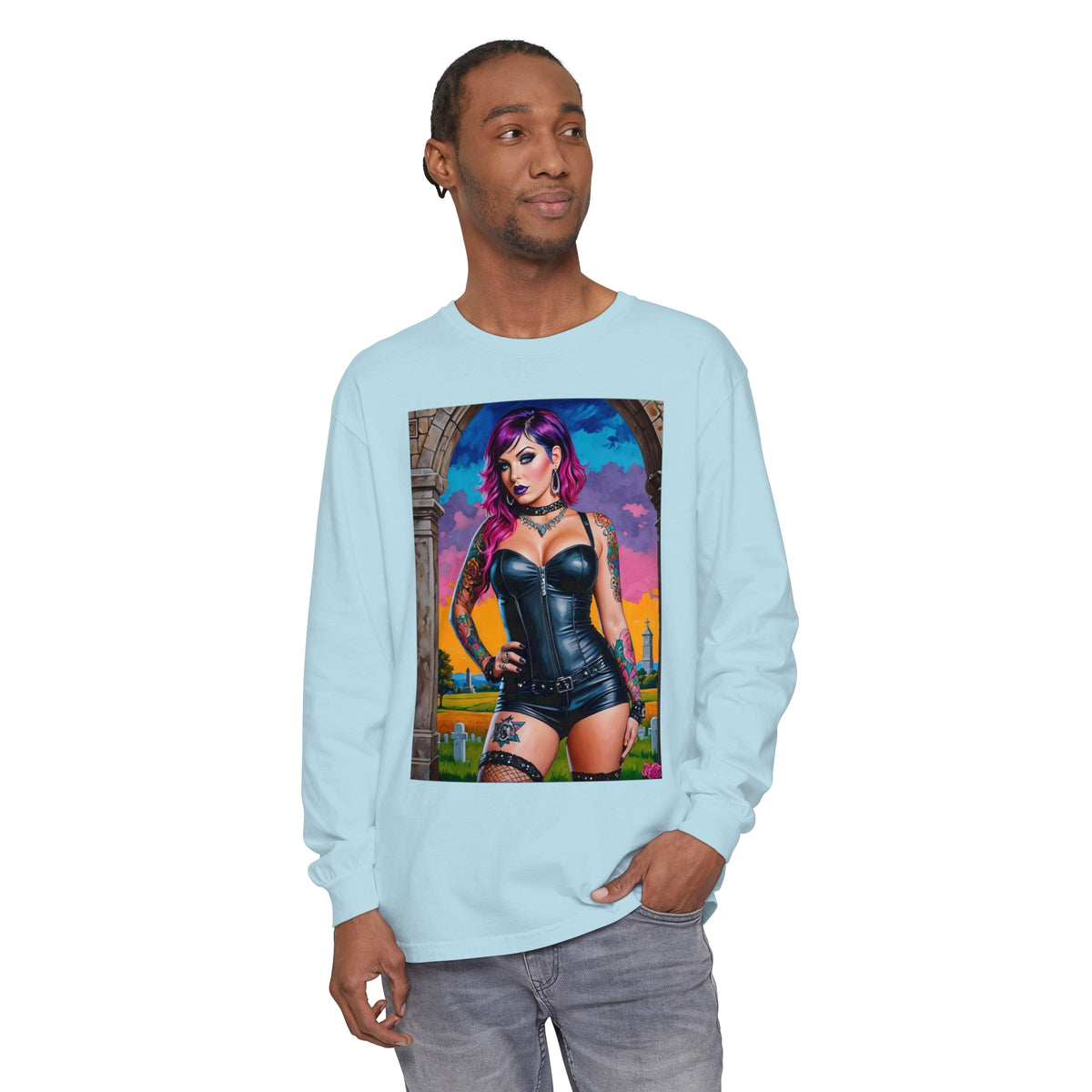 Goth Graveyard Girl Series - Design Three - Unisex Garment-dyed Long Sleeve T-Shirt