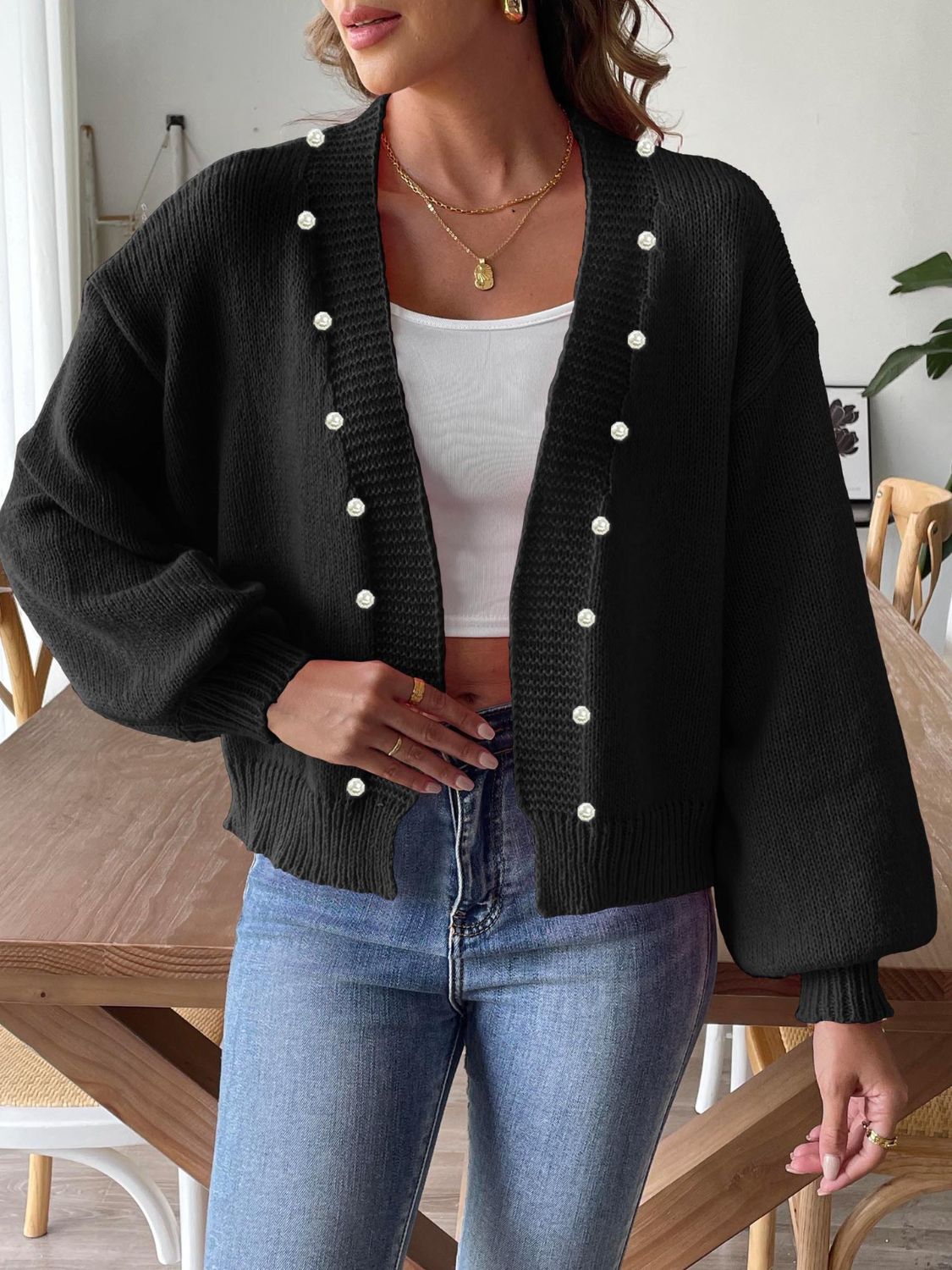 Pearl Open Front Long Sleeve Cardigan