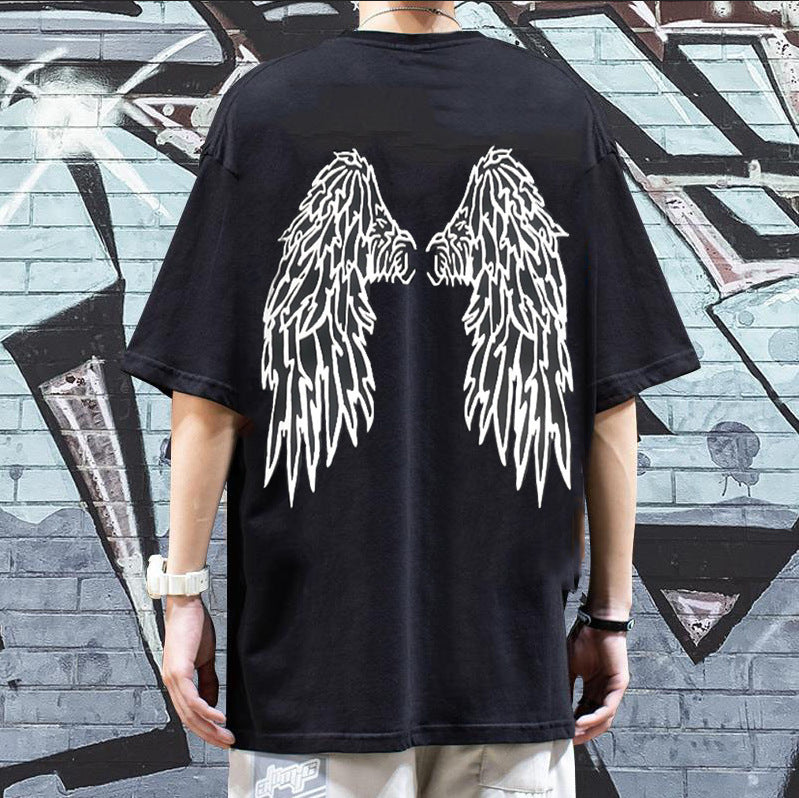 Dark Reflective Angel Wing Short Sleeved Oversized Graphic Printed Tee Shirt