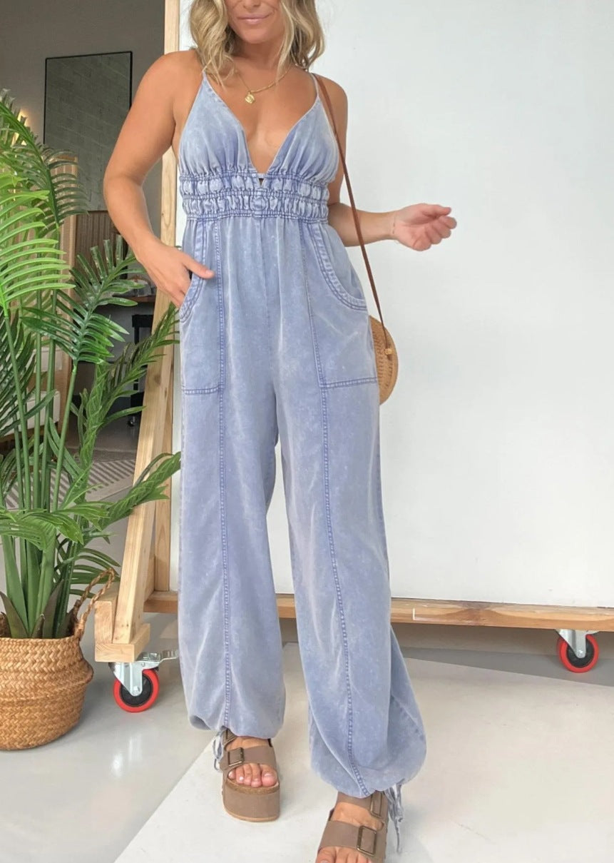 Full Size Spaghetti Strap Denim Look Jumpsuit with Pockets