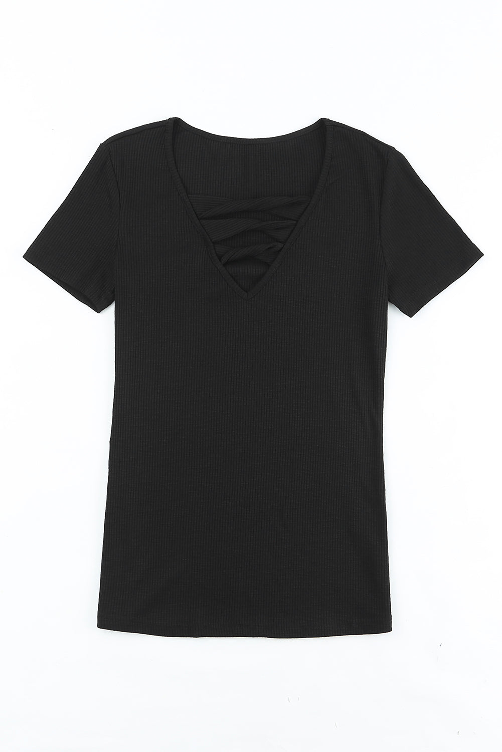 Black Cut Out Twist Casual Rib-Knit T Shirt for Women