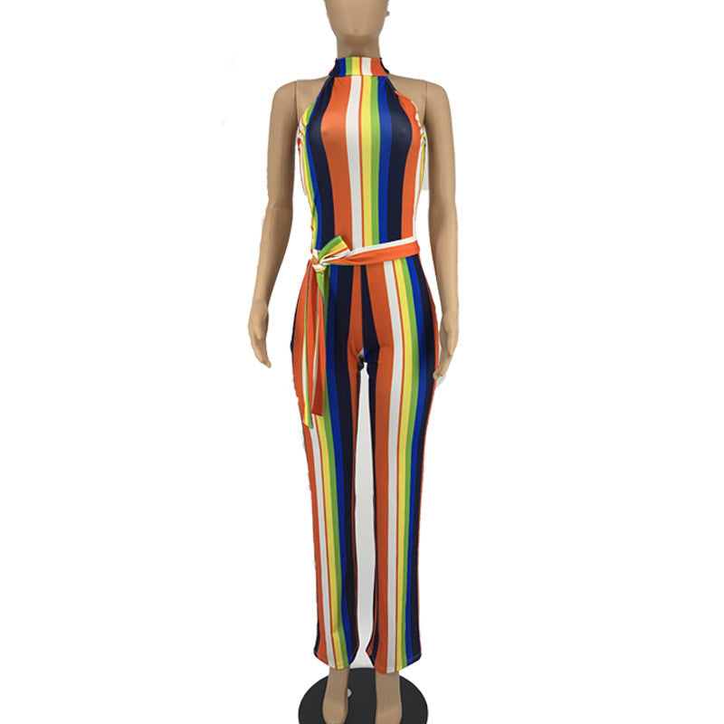 Grecian Style Wide Leg Tie Waist Halter Rainbow Striped Casual Jumpsuit