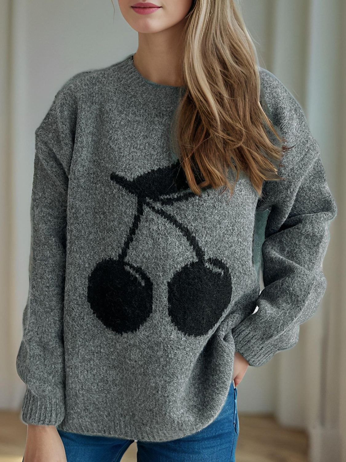 Cherry Print Round Neck Long Sleeve Sweater