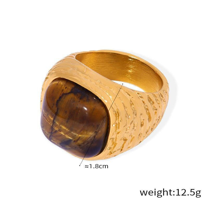 18K gold light luxury vintage braided pattern inlaid natural stone versatile ring