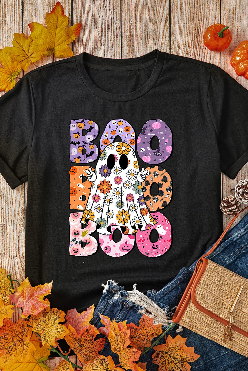 BOO Ghost Graphic Cute Halloween Round Neck Short Sleeve Graphic Print T-Shirt