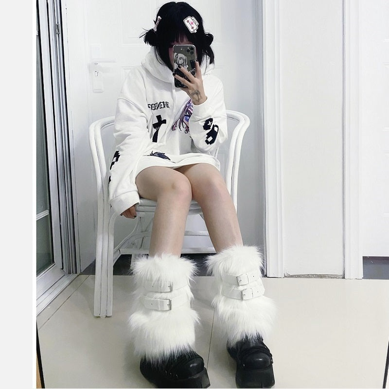 Millennium Festival Faux Fur Leather Buckle Plush Ankle Warmer Boot Topper Socks