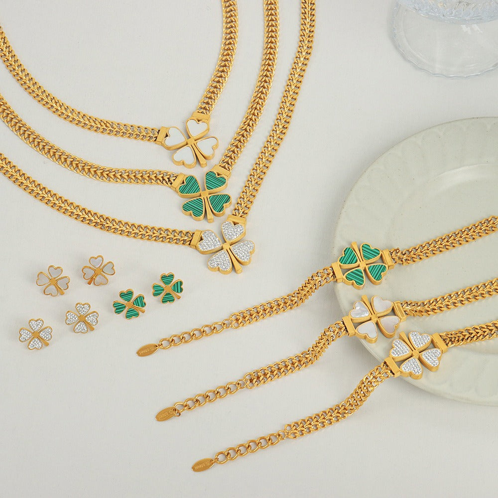 18K gold exquisite and fashionable four-leaf clover flower inlaid with gemstone design pastoral style necklace bracelet earrings set