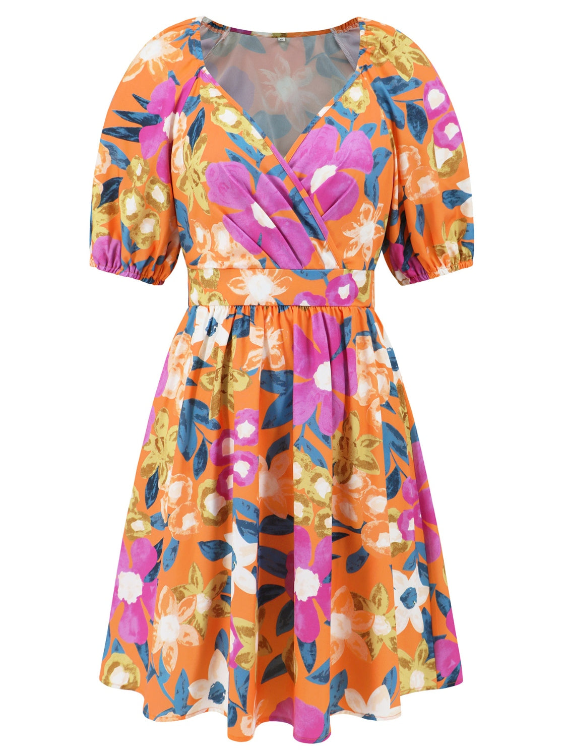 Bright Floral Printed V Neck Pleated Boho Short Sleeve Dress