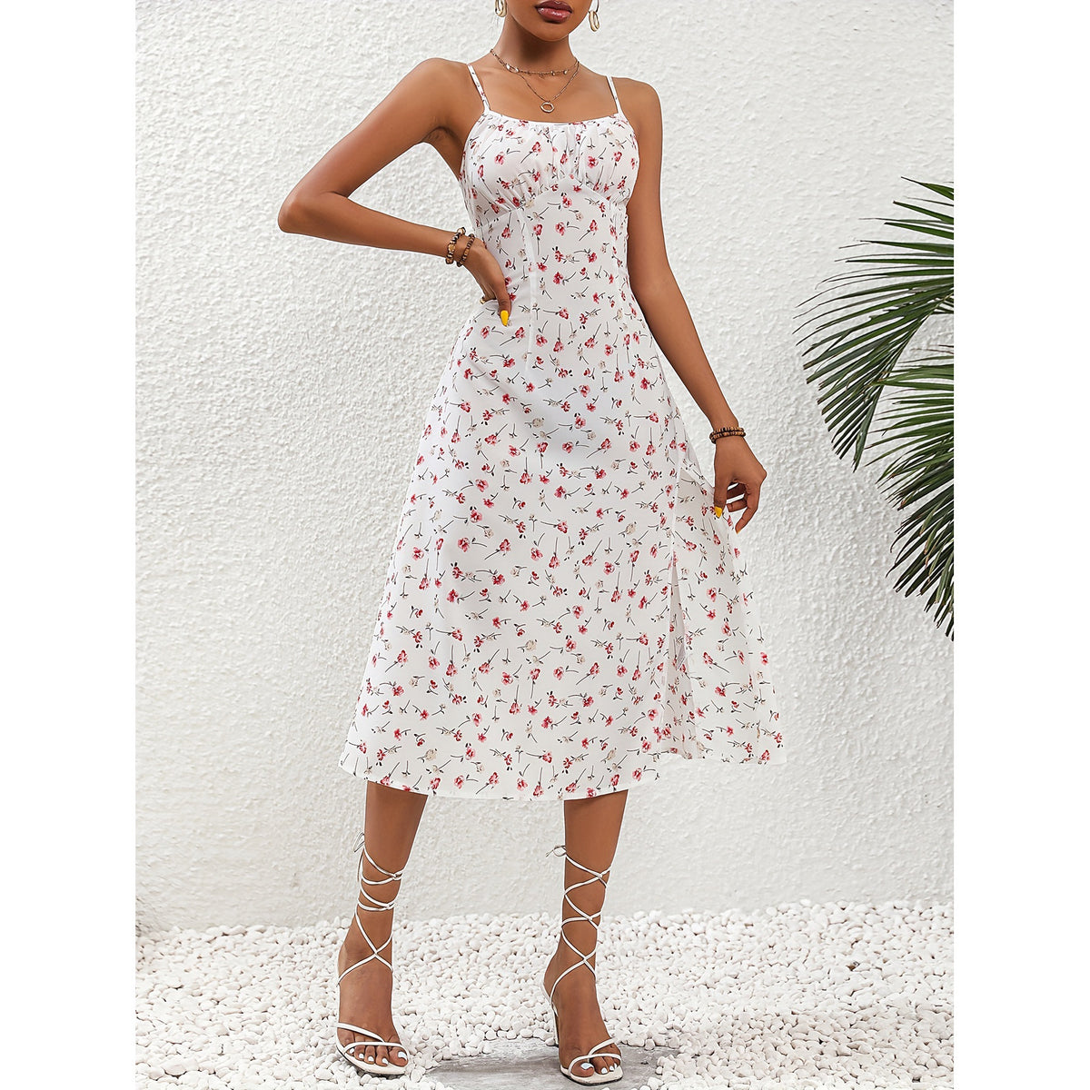 New Polka Dot Print Spaghetti Strap Sexy Slit Maxi Dress