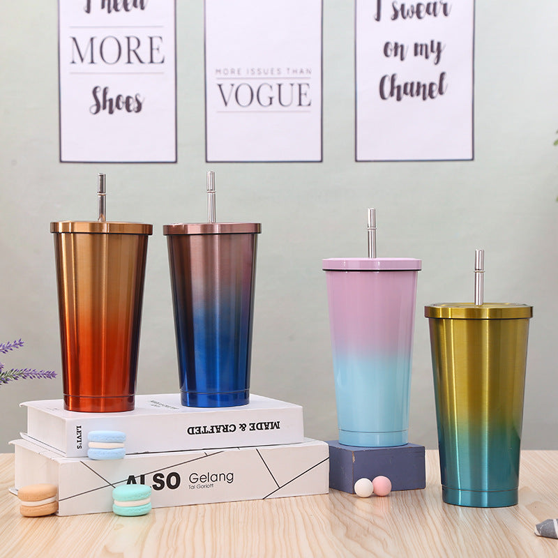 New Gradient Color Cup With Straw Stainless Steel Coffee Cup Creative Glass Gift Cup