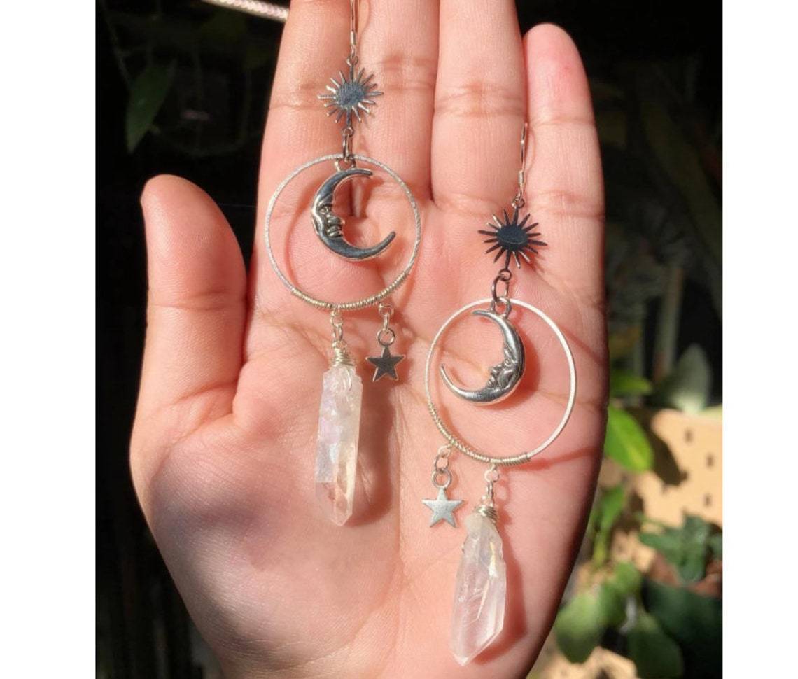 Crescent Moon And Star Celestial Crystal Drop Earrings