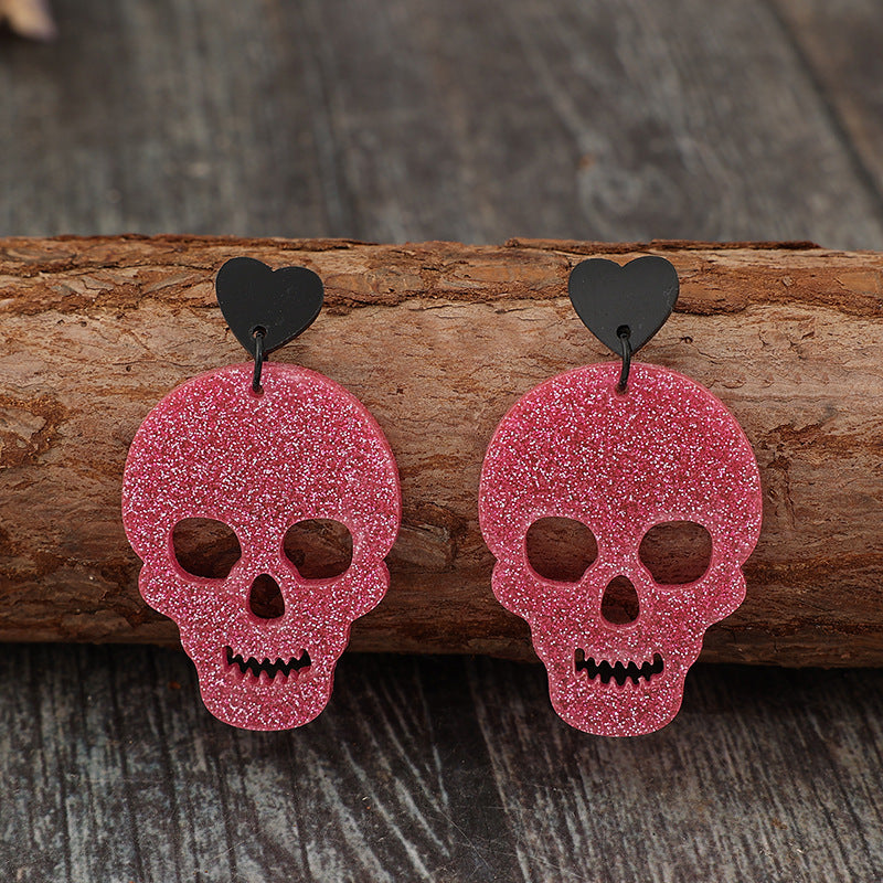 Acrylic Pink & Black Skeleton & Heart Drop Earrings