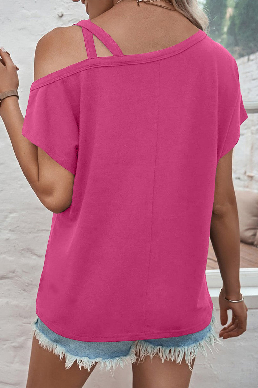 Rose Asymmetric Criss Cross Cold Shoulder T Shirt