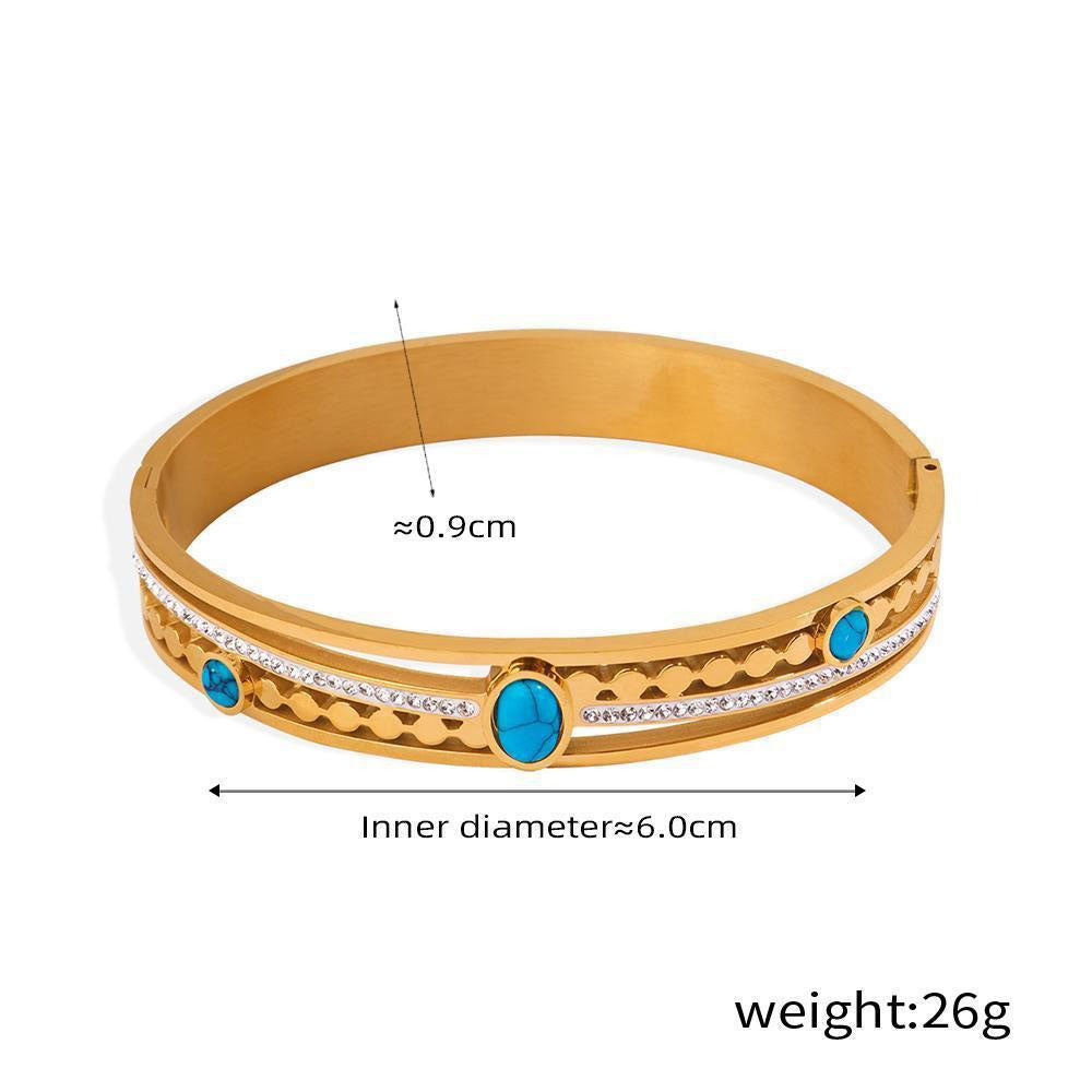 Trendy and fashionable 18k gold inlaid turquoise and zircon hollow design versatile bracelet