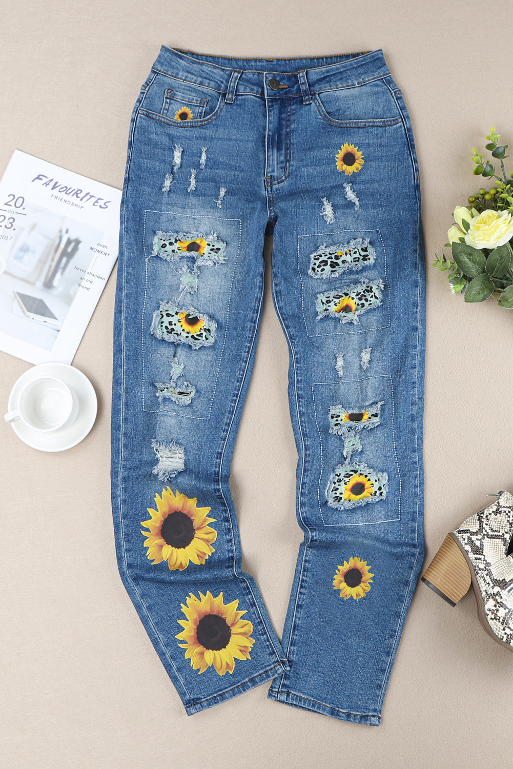 Blue Sunflower Print Ripped Mid Rise Straight Leg Graphic Jeans