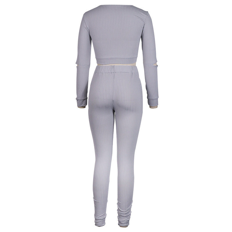 Women's Long Sleeve Hollow Cut Out Blouse And Leggings Two Piece Yoga Outfit Set