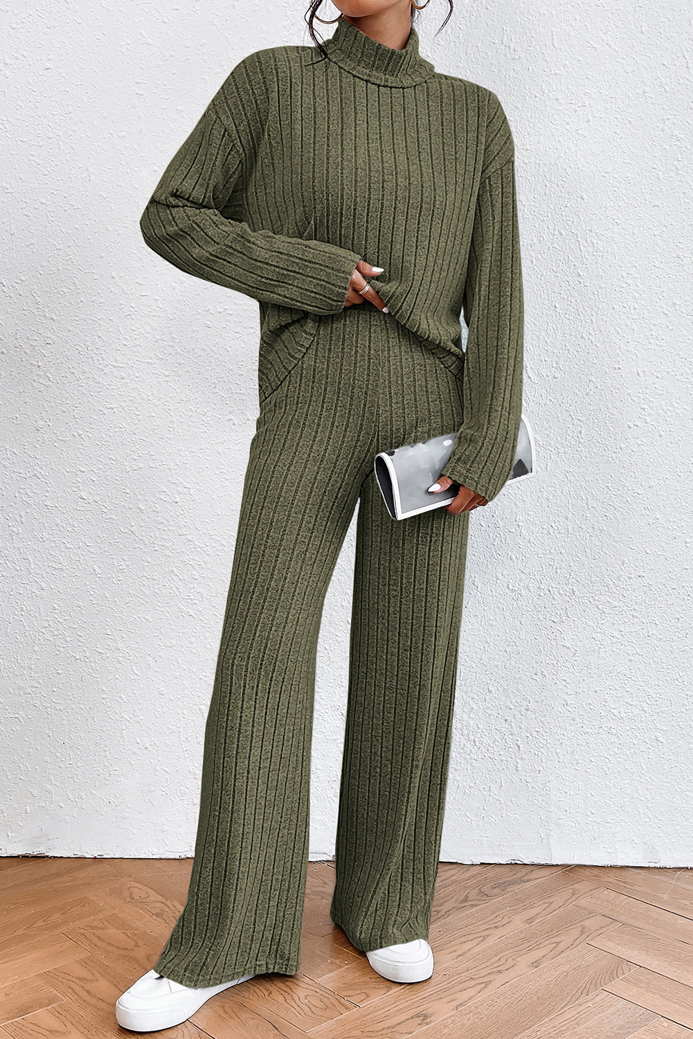 Khaki Ribbed Knit Bell Sleeve Crop Top Drawstring Pants Set