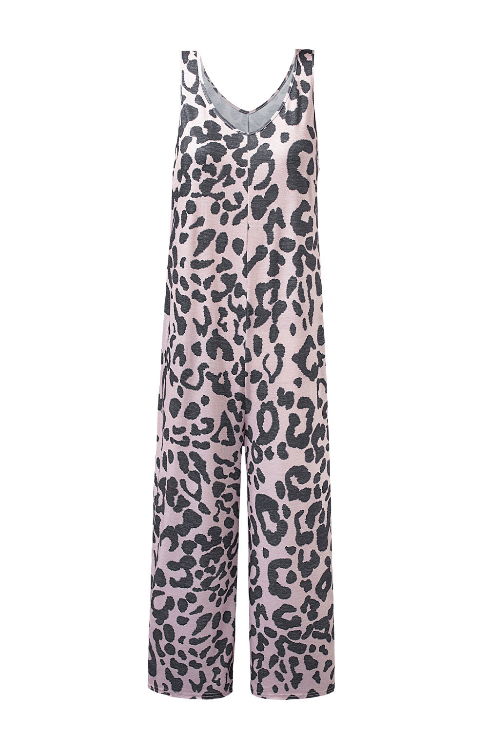 Leopard Print Pockets Sleeveless Wide Leg Jumpsuit