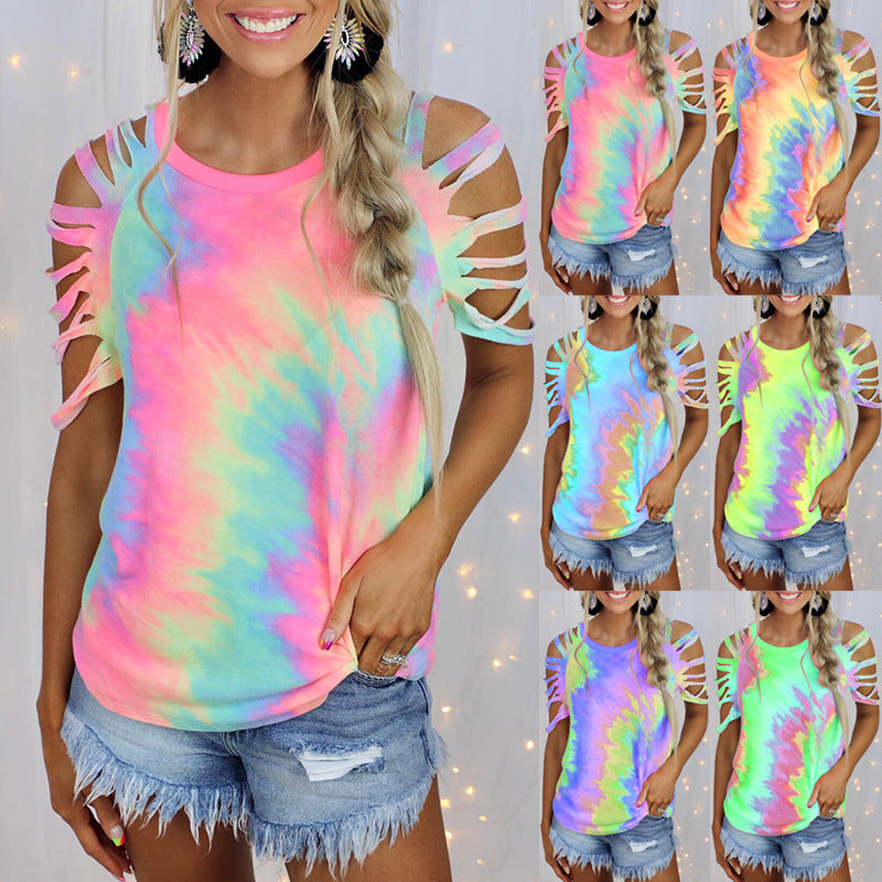 Women Tie-Dye Printed Distressed Off-The-Shoulder Sexy Casual Tee Shirt