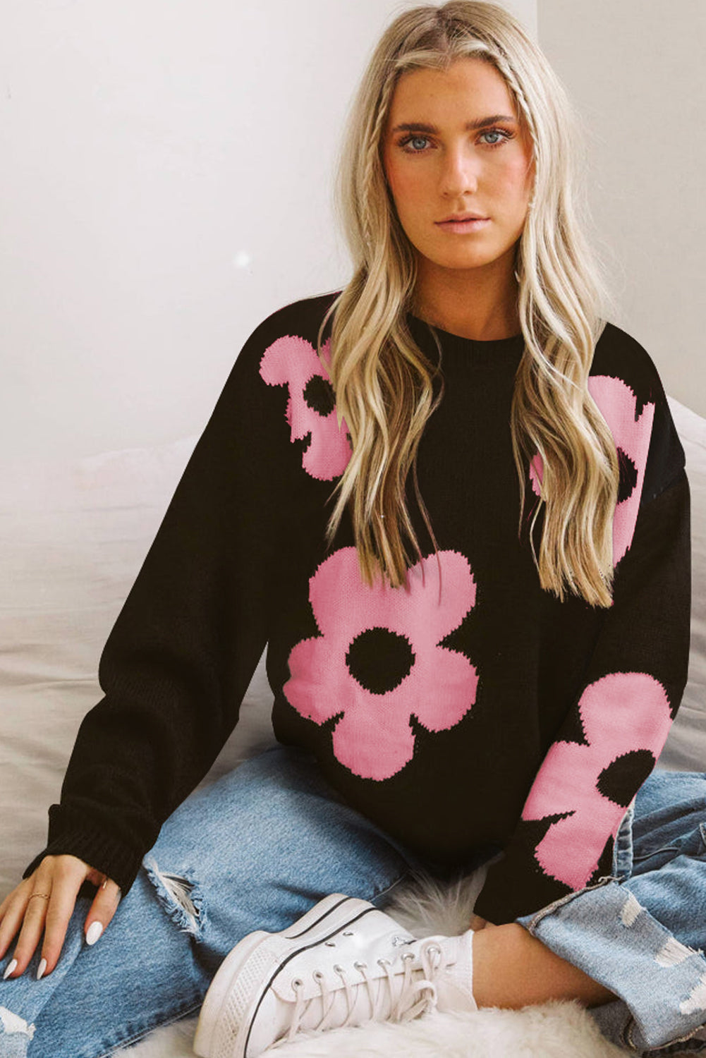 Camel Flower Pattern Slouchy Sweater