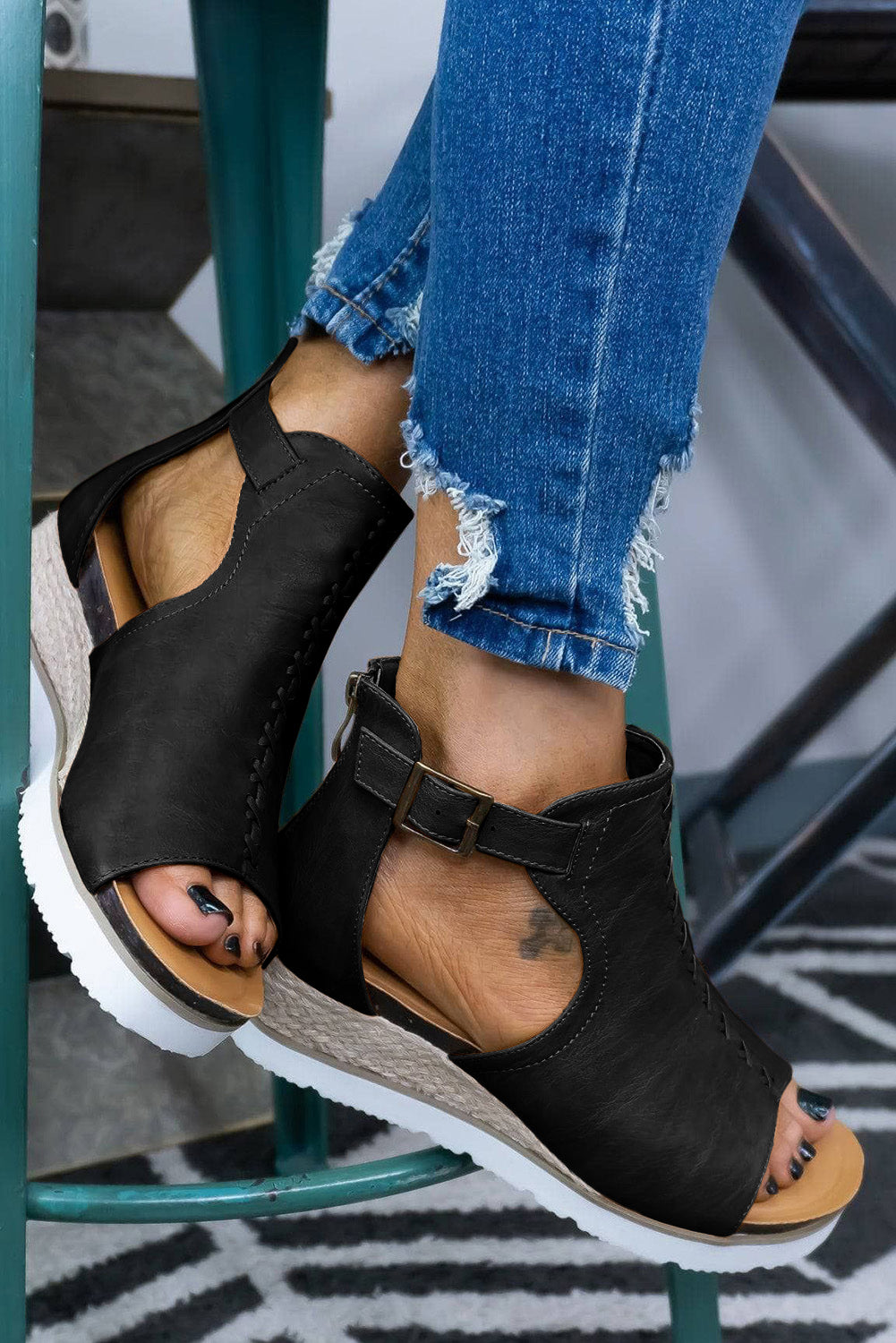 Black PU Cutout Buckle Strap Platform Sandals