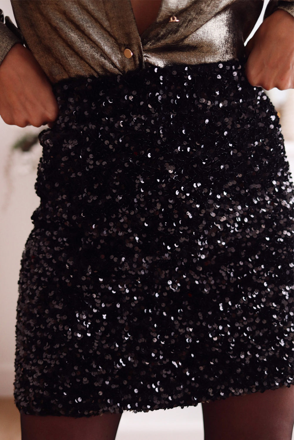 Black Sequins Bodycon Mini Skirt