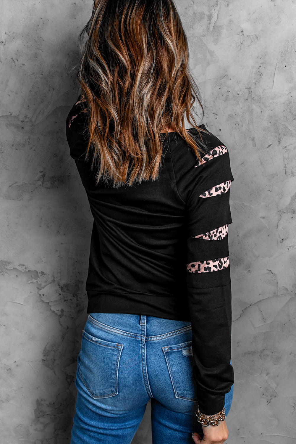 Black Leopard Print Distressed Raglan Sleeve Graphic Sweatshirt