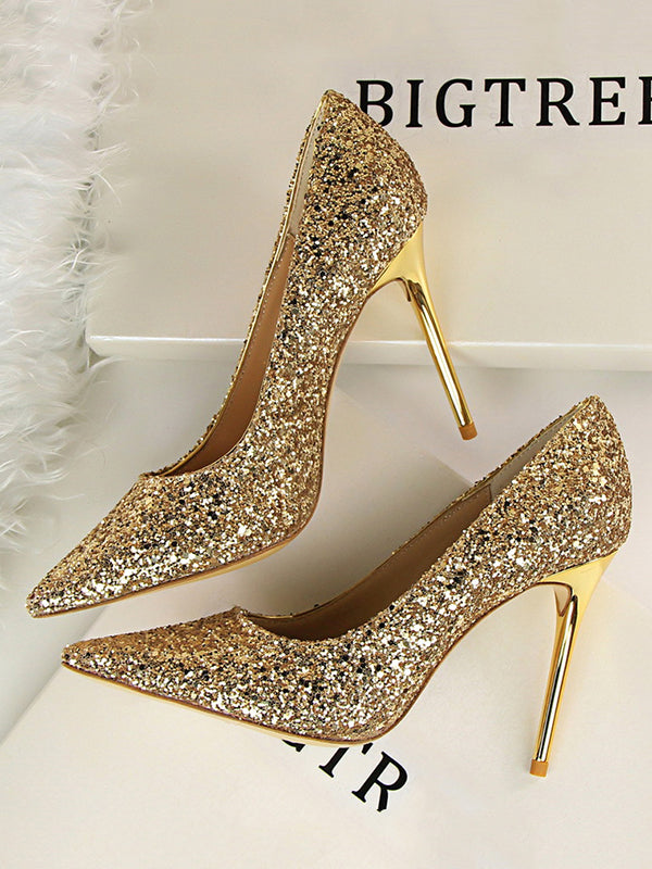 Pointed-Toe Sequined Shallow Cut Pumps