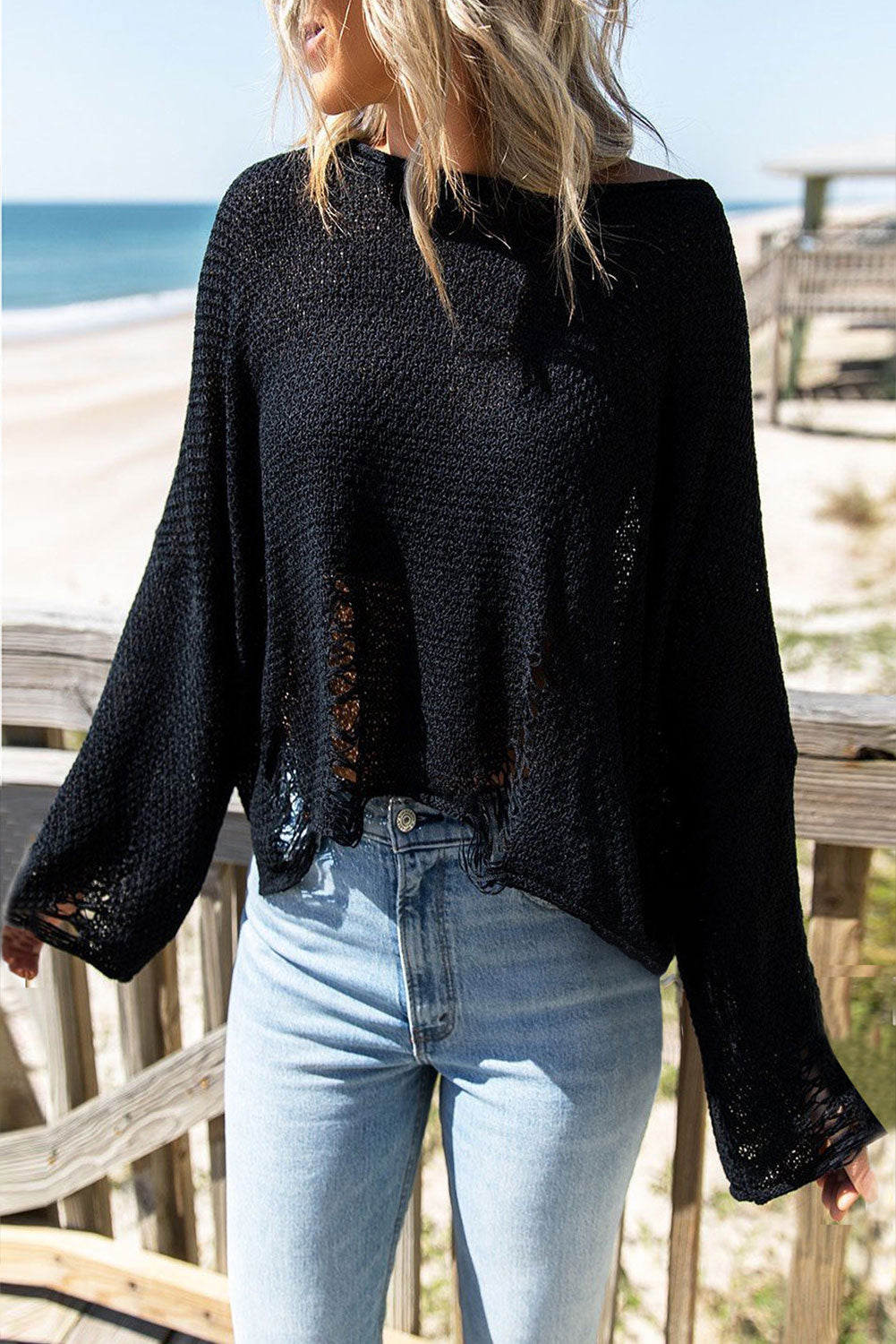 Black Casual Distressed Ripped Crop Knit Sweater