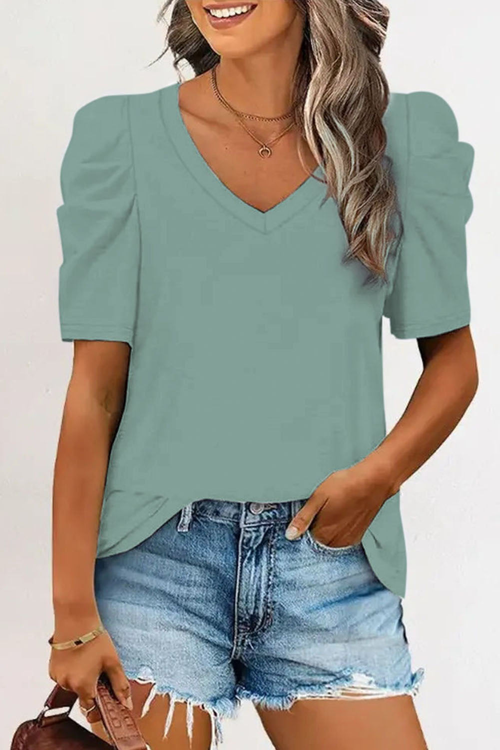 Black Puff Sleeve Casual V Neck T-Shirt