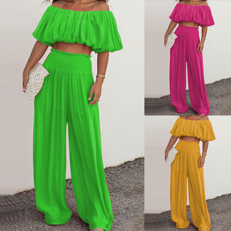 Women's Bright Balloon Style Off The Shoulder Crop Top And Wide-leg Pants Two-piece Outfit Set