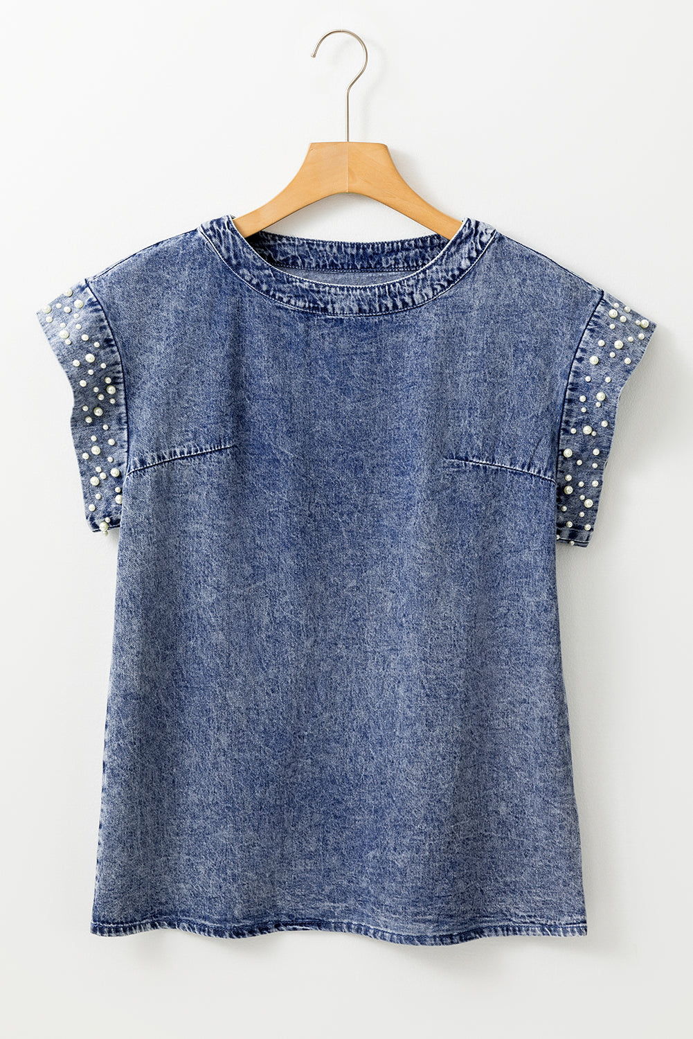 Dusk Blue Acid Wash Denim Top with Pearl Embellishments | Women’s O-Neck Blouse