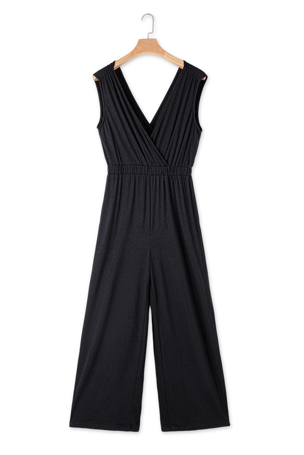 Black Deep V Pleated Crisscross Wide Leg Backless Jumpsuit