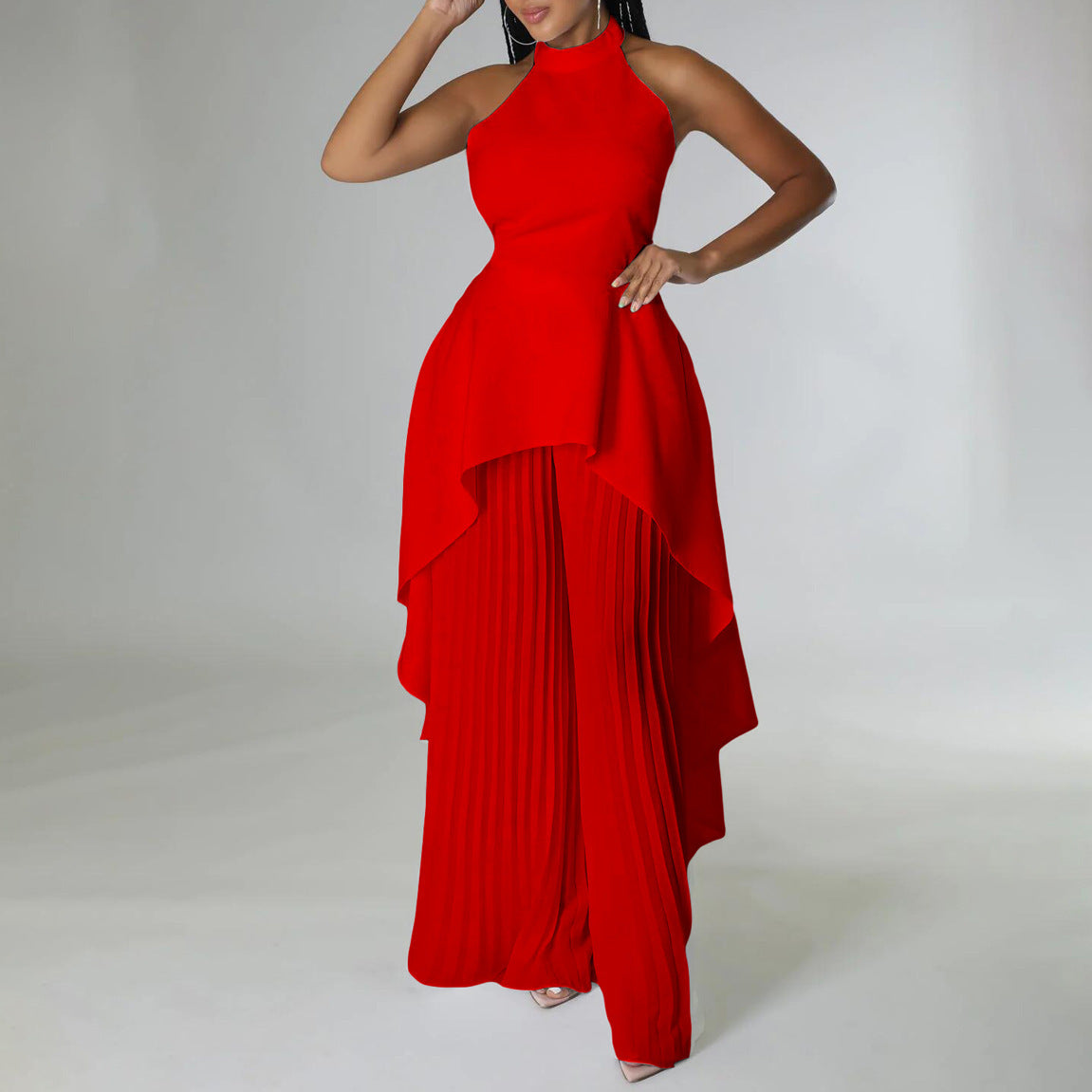 Backless Grecian Neck Long Tail Flowy Top And Pleated Wide-leg Pants Casual Two Piece Sets