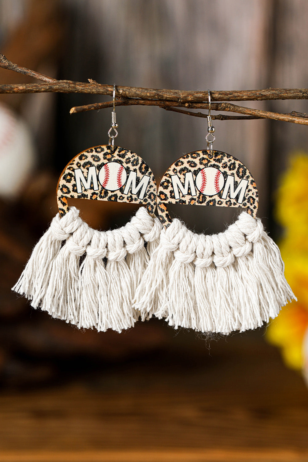 White Leopard Rugby MOM Print Fringed Hook Earrings