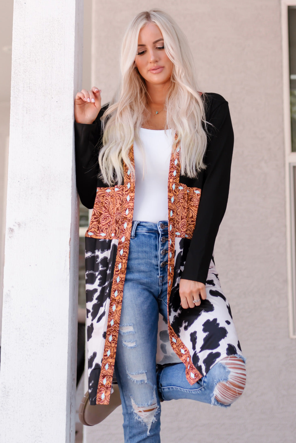 Pink Western Pattern Cow Patchwork Open Front Cardigan