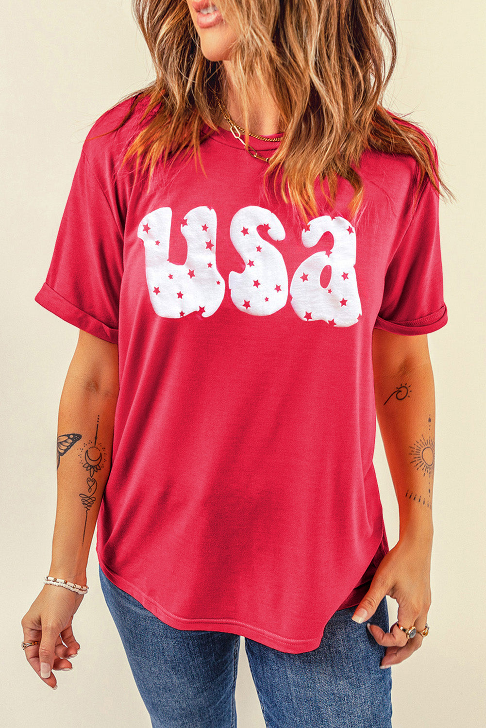 Red Casual USA Stars Graphic Round Neck Roll Up Sleeve Tee