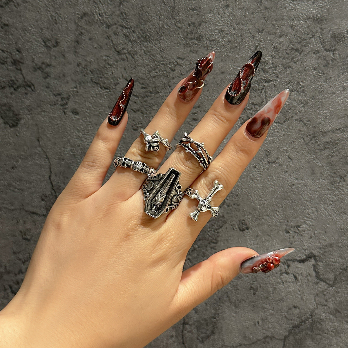 Dark Punk Retro Stackable Carved Bat and Coffin Goth Girl Ring Sets