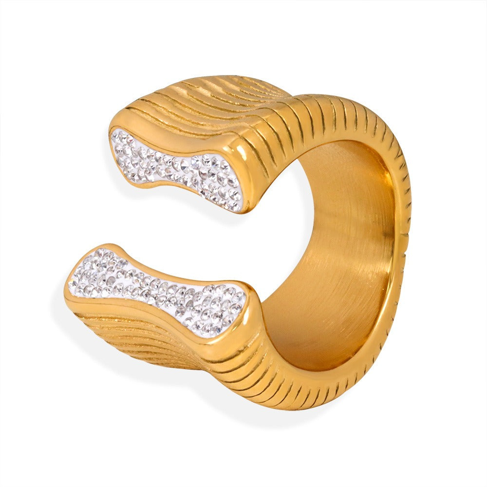 18K gold trendy and personalized geometric inlaid zircon and shell texture design open ring