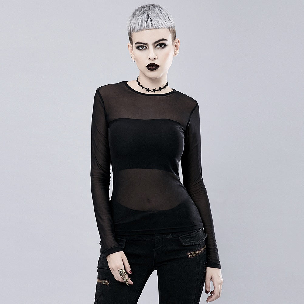 Punk See-through Mesh Hollow-out Breathable Inner Wear Solid Color Long Sleeve T-shirt