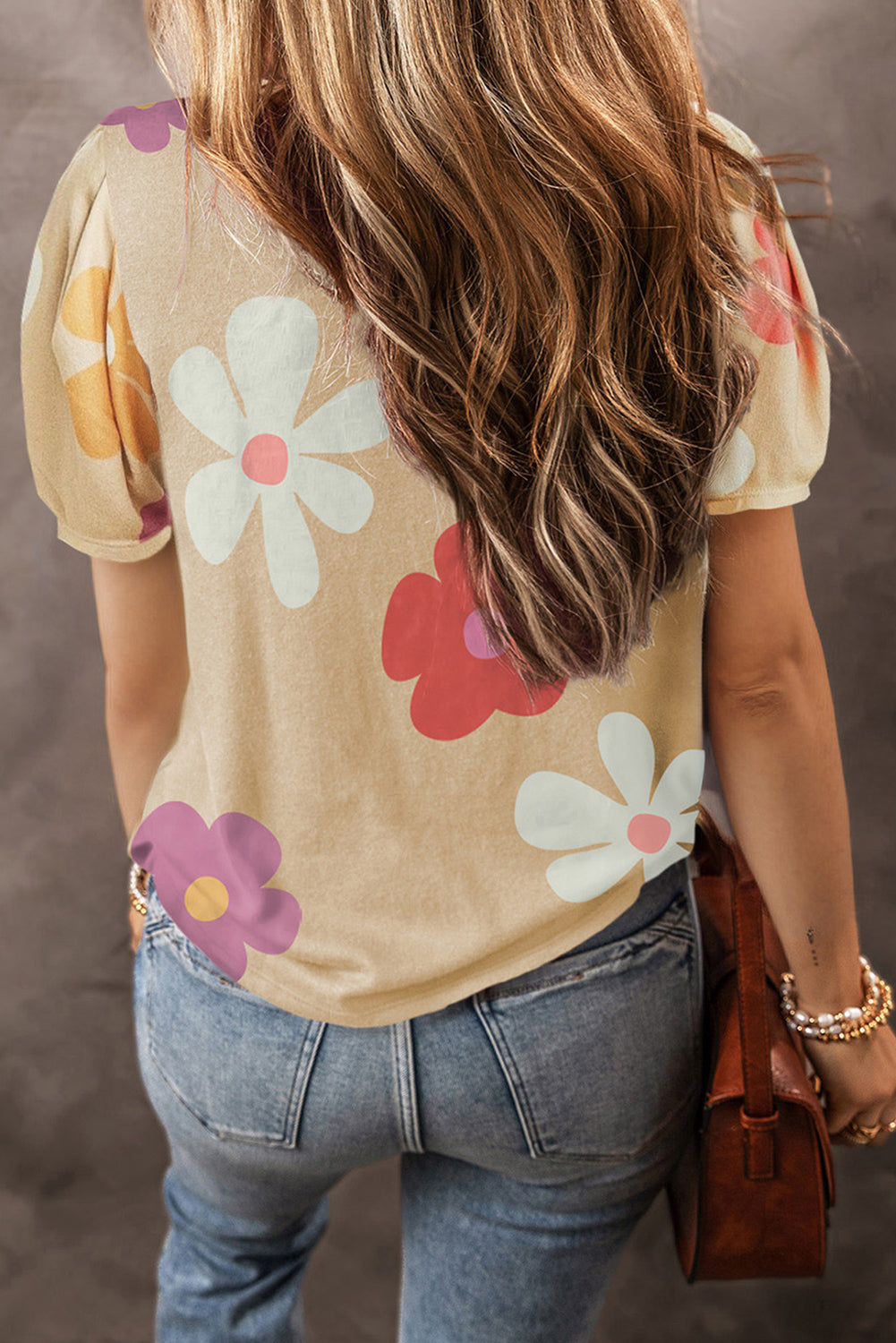 Colorful Flower Print Bubble Sleeve Tee