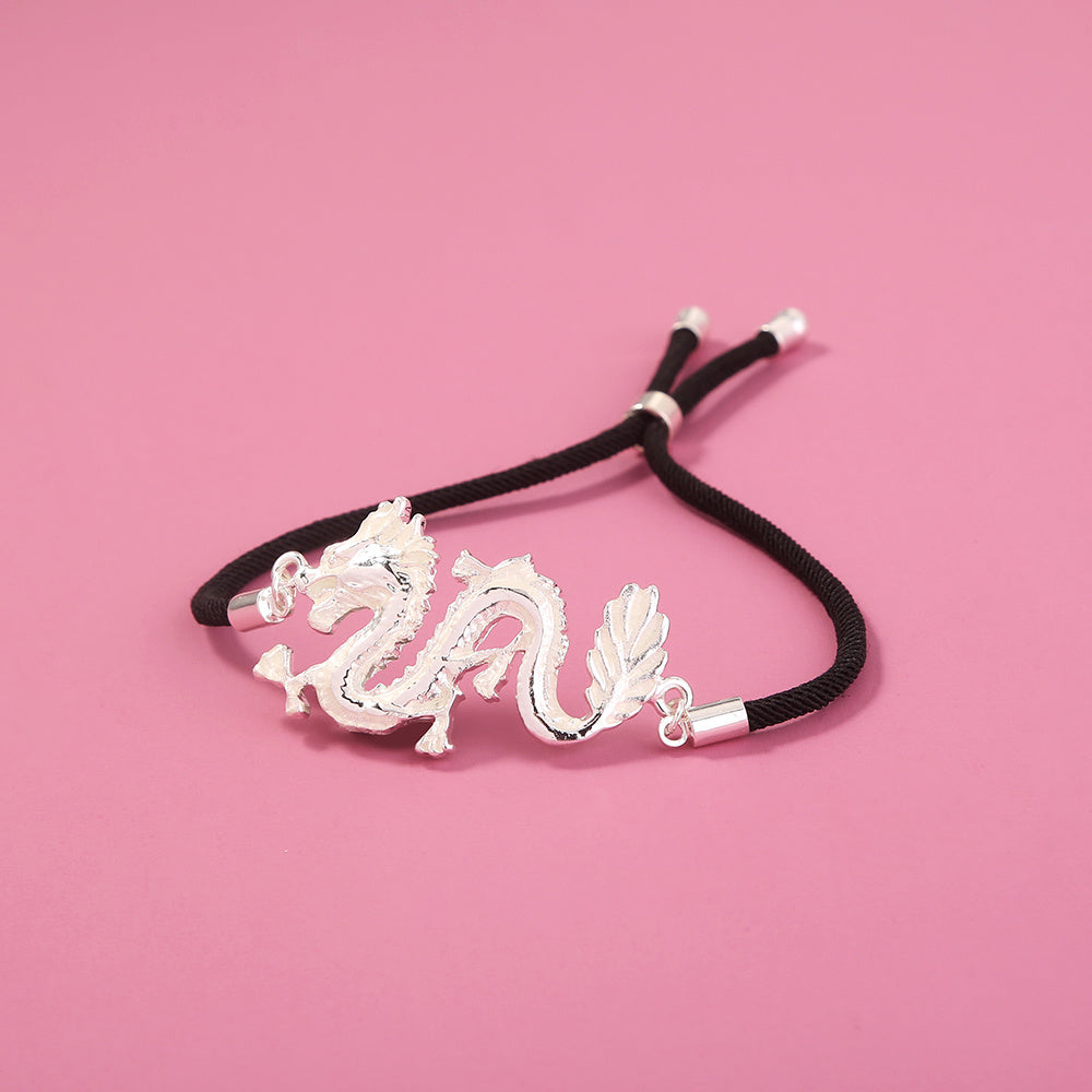 Glow-in-the-dark Silver Dragon Leather Adjustable Drawstring Bracelet