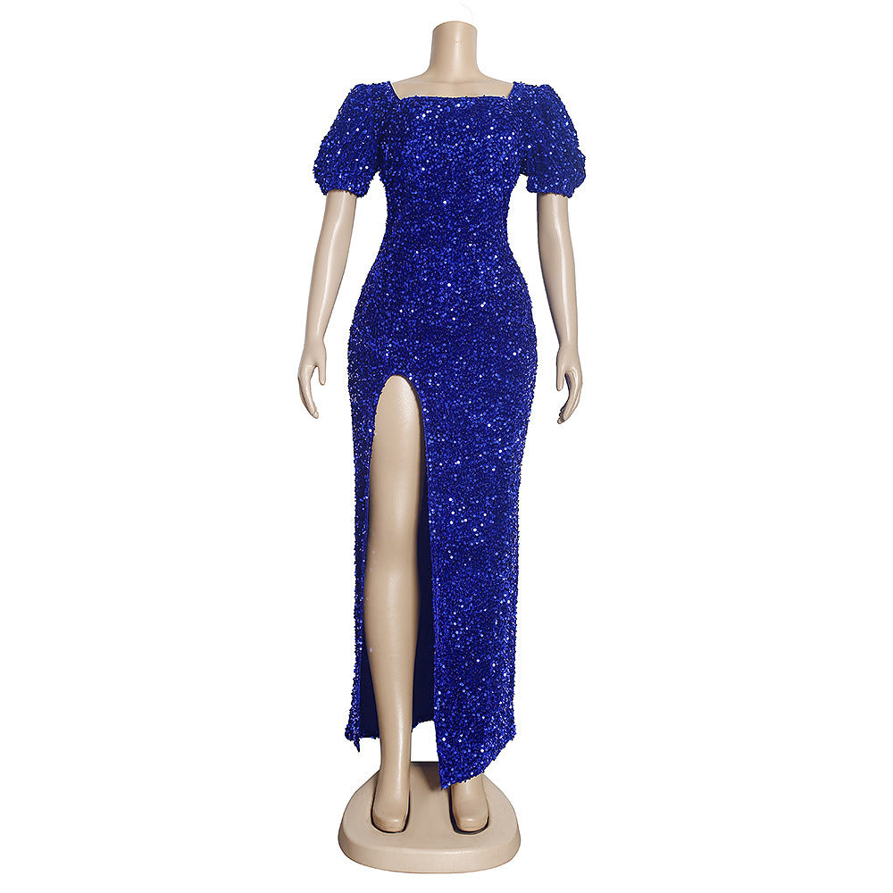 Plus Size Square Neck Ladies Sequin Slim Fit High Split Evening Gown