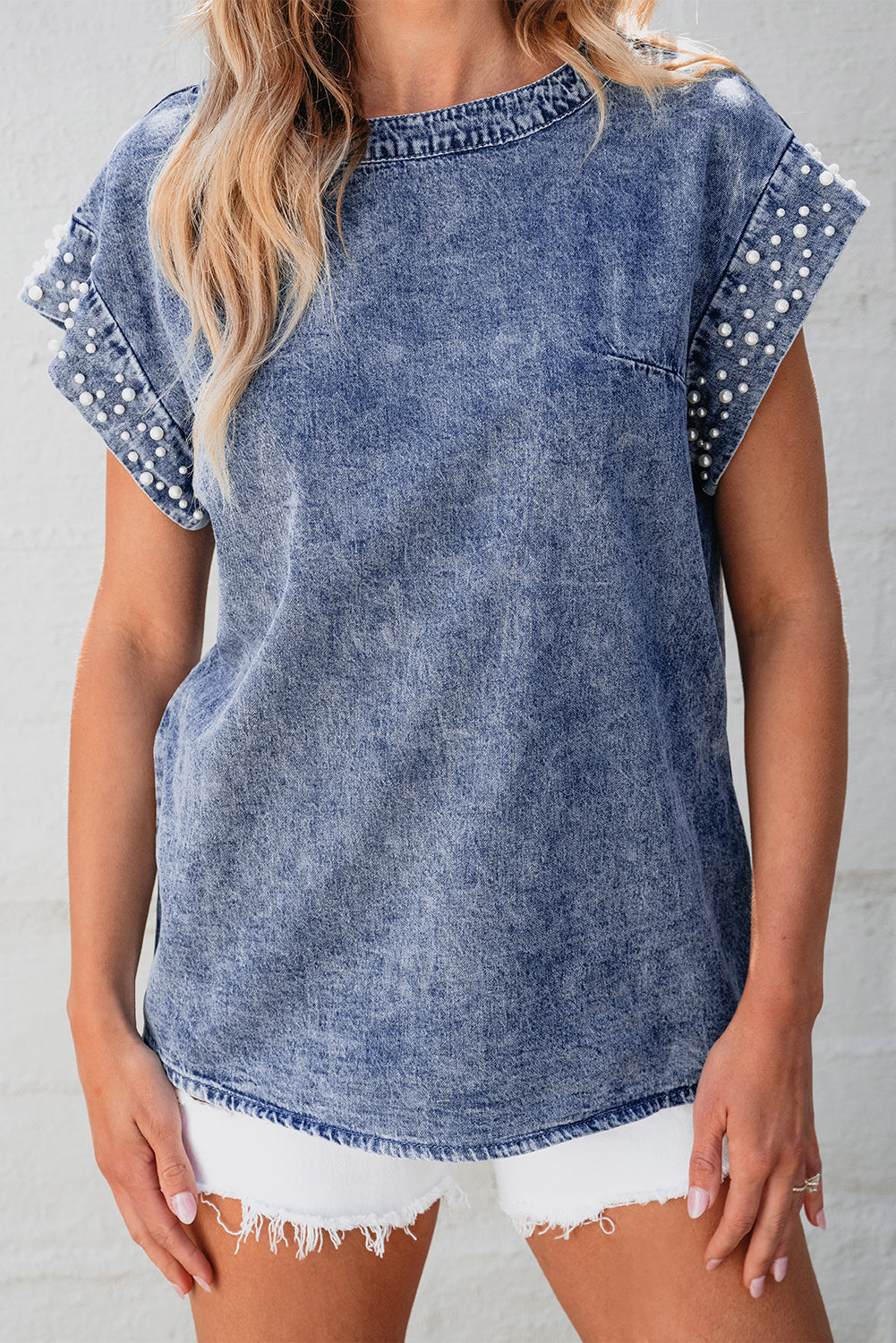 Dusk Blue Acid Wash Denim Top with Pearl Embellishments | Women’s O-Neck Blouse