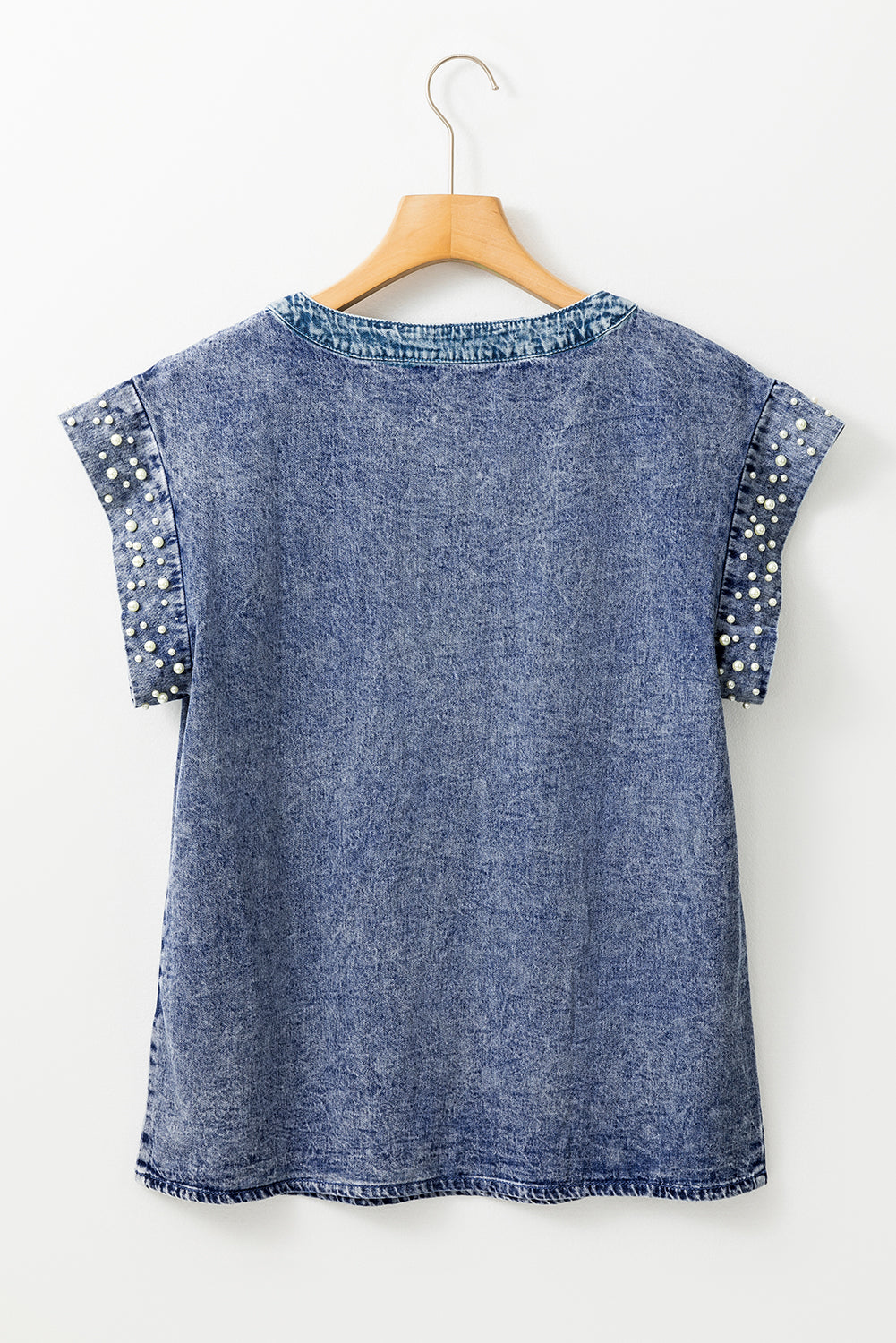 Dusk Blue Acid Wash Denim Top with Pearl Embellishments | Women’s O-Neck Blouse