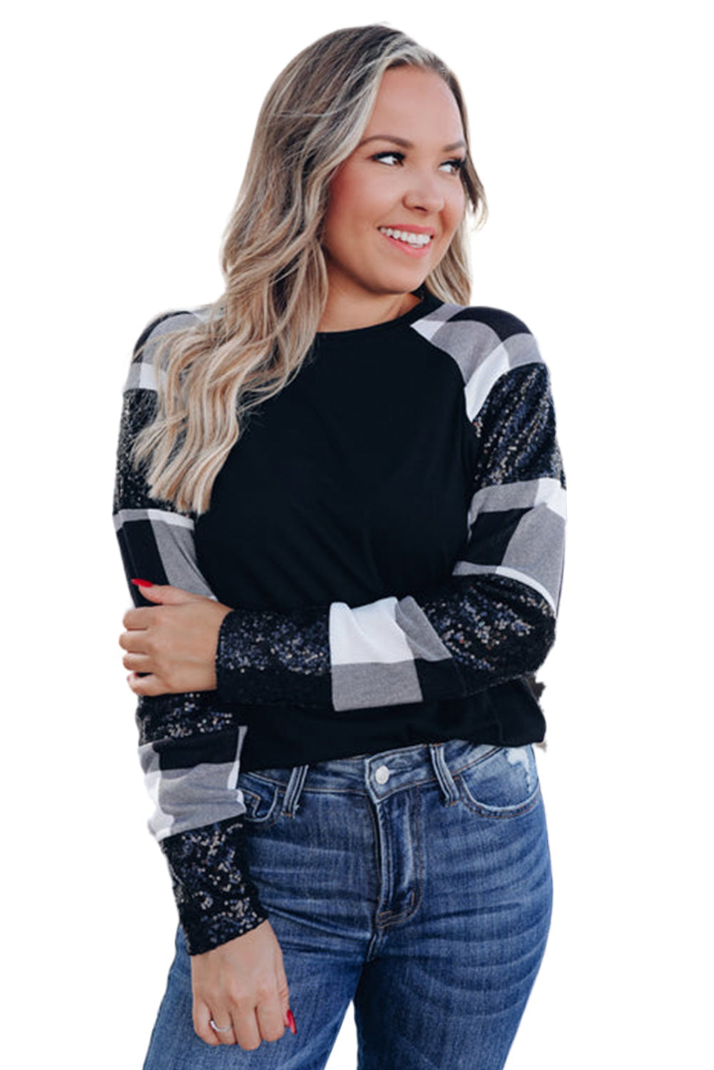 Black Sequin Plaid Patchwork Raglan Sleeve Top