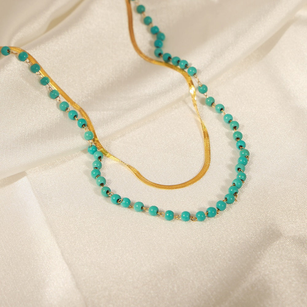 18k gold light luxury fashion clavicle chain with turquoise double-layer stacked design necklace